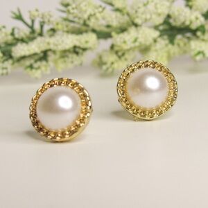 Faux Pearl and Gold Stud Earrings - Formal, Feminine, Elegant Earring Pair